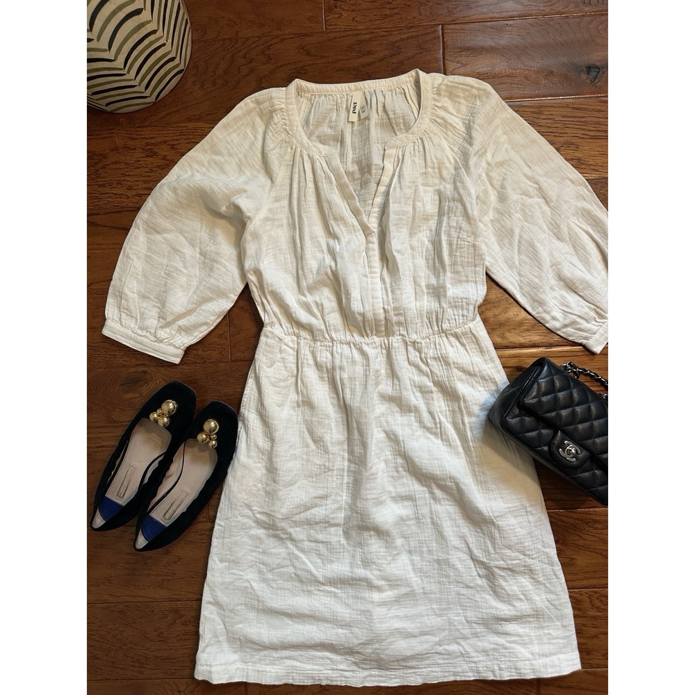 Pact Organic Cotton Double Gauze White V-Neck Elastic Waist Dress XS Pocket